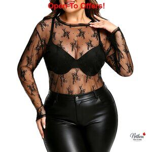 Plus Size Mesh Lace Long Sleeve Top Sheer Floral Blouse Crew Neck